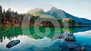 Exciting autumn view of Hintersee lake. Amazing morning panorama of Bavarian Alps on the Austrian border, Germany, Europe. Beauty