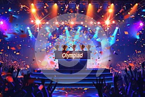 Exciting award ceremony featuring podium, medals, bright lights, and enthusiastic audience celebrating the Olympiad photo