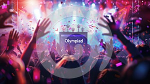 Exciting award ceremony with podium, medals, and cheering audience celebrating achievements at Olympiad event photo