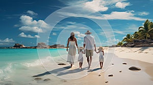 An exciting blissful family vacation on the beach. a family with children enjoying the sun, sand and sea. Generative AI