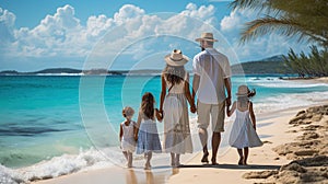 An exciting blissful family vacation on the beach. a family with children enjoying the sun, sand and sea. Generative AI
