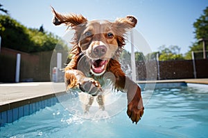 Exciting Dog jump in pool. Generate Ai