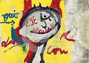Exciting funny smile with portrait eye graffiti and scribble with text eye mouth, mix-media on wall artwork, grunge. Happy