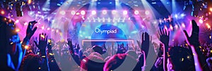 Exciting grand award ceremony celebrating Olympiad achievements with audience cheering and colorful lights photo