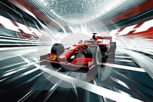 An exciting image capturing the thrilling moment when a red race car speeds through a tunnel in a high-speed race, High-speed