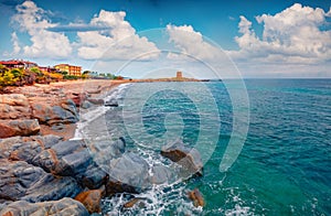 Exciting marine scenery. Wonderful summer view of Torre di Bari tower.