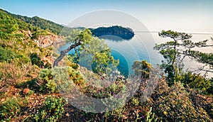 Exciting Mediterranean seascape in Turkey, Asia. Bright spring view of a small azure bay near the Tekirova village, District of