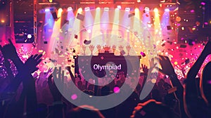Exciting moment at Olympiad award ceremony as audience celebrates achievements with clapping, confetti, and bright photo