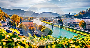 Exciting morning cityscape of Salzburg, Old City, birthplace of famed composer Mozart.