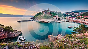 Exciting morning cityscape of Vrbnik town. Colorful summer seascape of Adriatic sea, Krk island, Kvarner bay archipelago, Croatia photo