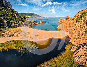 Exciting morning view of Li Cossi beach. Impressive summer scene of Costa Paradiso, Sardinia island, Italy, Europe. Sunny Mediterr