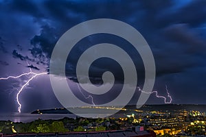 Exciting powerful lightning over the sea