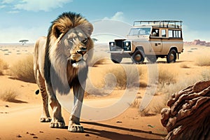 Exciting Safari Adventure Begins Jeep Caravan Goes Eye To Eye With Roaring Lions In Big Five Wildlife Paradise. Generative AI