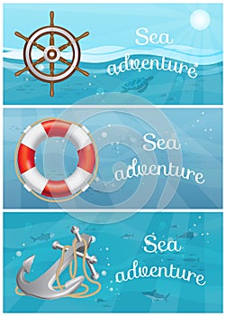 Exciting sea adventures and travel posters set. Marine cruise and sea travelling advertising placard