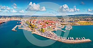 Exciting summer view from flying drone of Koper port. Aerial outdoor scene of Adriatic coastline, Slovenia