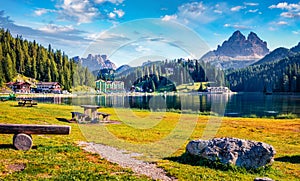 Exciting summer view of Misurina lake. Bright afternoon scene of National Park Tre Cime di Lavaredo, Location Auronzo, Misurina re