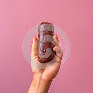 Exciting Texture: Handheld Chocolate Donut On Pink Background