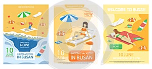 Exciting vacation in city Busan tourist travel posters set with people sunbathe lie on sand on beach