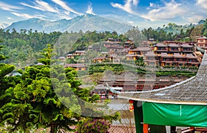 Exciting view of Ban Rak Thai yunnan village with vlue skies and cloud