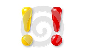 Exclamation 3d mark red and yellow colors. Realistic 3d symbol icon design. Alert, warning info and danger. Vector