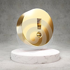 Exclamation Circle icon. Shiny golden Exclamation Circle symbol on white marble podium