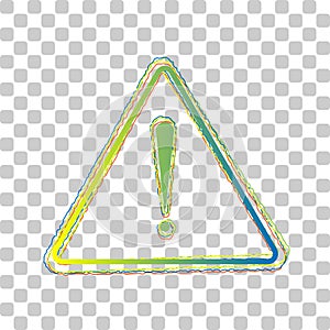 Exclamation danger sign. Flat style. Blue to green gradient Icon with Four Roughen Contours on stylish transparent Background.