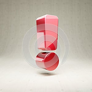 Exclamation icon. Red glossy metallic Exclamation symbol isolated on white concrete background