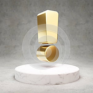 Exclamation icon. Shiny golden Exclamation symbol on white marble podium