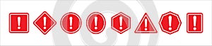 Exclamation mark chat icon vector set. Red color. Warning attention signs set complete collection. Important or caution symbol