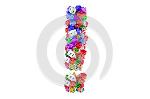 Exclamation mark, from colored roleplaying dice. 3D rendering