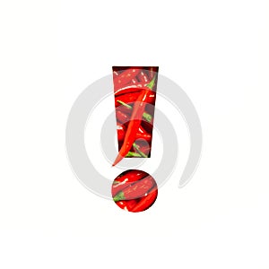 Exclamation mark of hot red chili peppers, cut paper isolated on white. Veggie font. Warning and keep attention concept