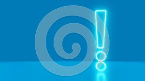 Exclamation mark icon neon light on panoramic blue background. Elements of Web in neon style icons