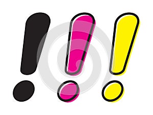 Exclamation mark icon. Pink or yellow filled and black line symbol.