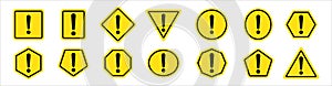 Exclamation mark icon vector set. Yellow black color. Warning attention signs set complete collection. Important or caution symbol