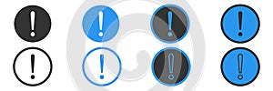 Exclamation mark icons. Isolated attention symbol collection on white background. Warning icon in circle in black and blue.