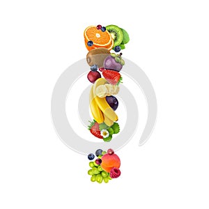 Exclamation mark made of different fruits and berries, fruit alphabet isolated on white background