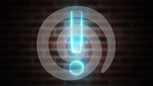 Exclamation mark neon sign on a background of brickwork, computer generated. 3d rendering of wireframe symbol with