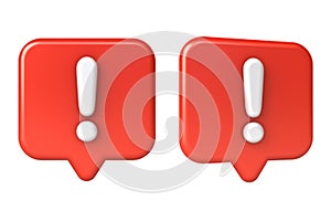 Exclamation mark in red speech bubble or social media notification pin icon isolated on white background