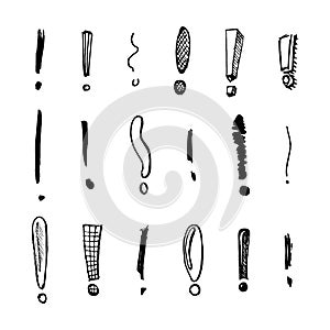 Exclamation mark Seamless pattern.. Doodle style. Collection of icons and signs Why. Engraved hand drawn sketch