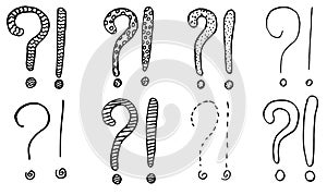 Exclamation marks and question marks. Hand drawn doodle set.