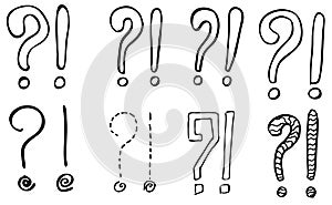 Exclamation marks and question marks. Hand drawn doodle set.