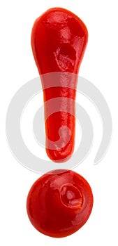 Exclamation point of red ketchup catsup sauce on white background