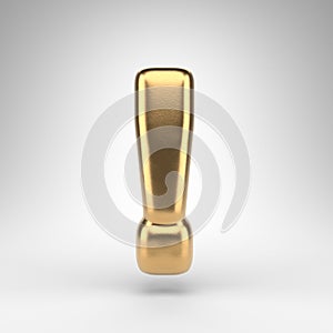 Exclamation point symbol on white background. Golden 3D sign with gloss metal texture.