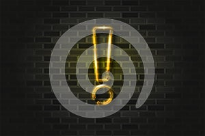 Exclamation point yellow glowing neon sign or glass tube on a black brick wall. Realistic vector art