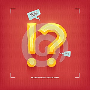 Exclamation and question marks. Golden jewel typeface element. Gold casted. Vector illustration.