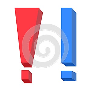 Exclamation sign red and blue colors. Realistic 3d symbol icon design. Vector illustration