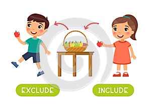 Exclude and include antonyms word card vector template. Opposites concept