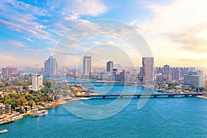 Exclusive aerial view of the bridges over the Nile and downtown of Cairo, the capital city of Egypt