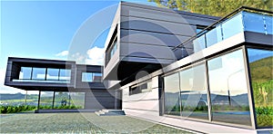 Exclusive design of an elite country estate in a futuristic high-tech style. Wall cladding with metallized energy-efficient