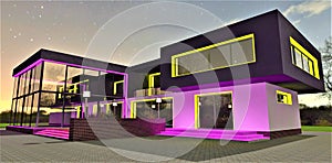 Exclusive design of the night illumination of the contemporary suburban estate. View to the porch. Stunning starry sky. 3d